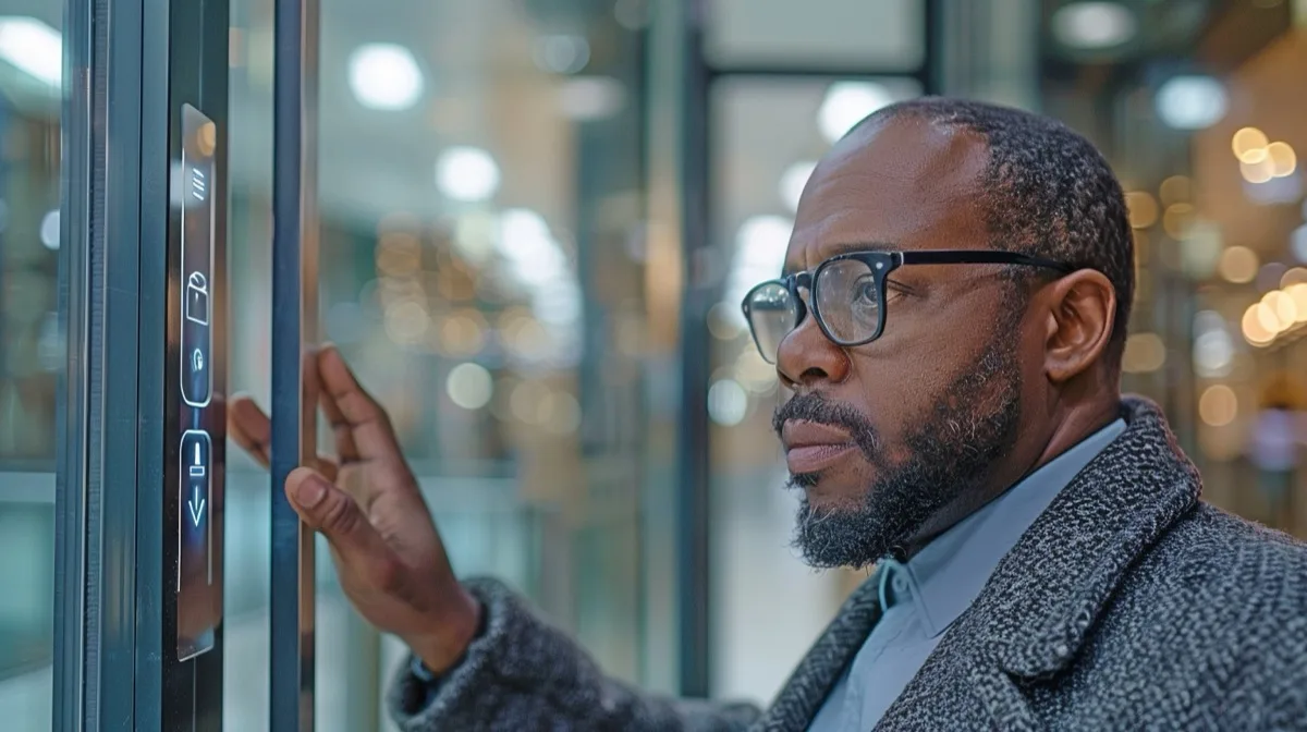 African office worker using a fingerprint access control reader at a glass door