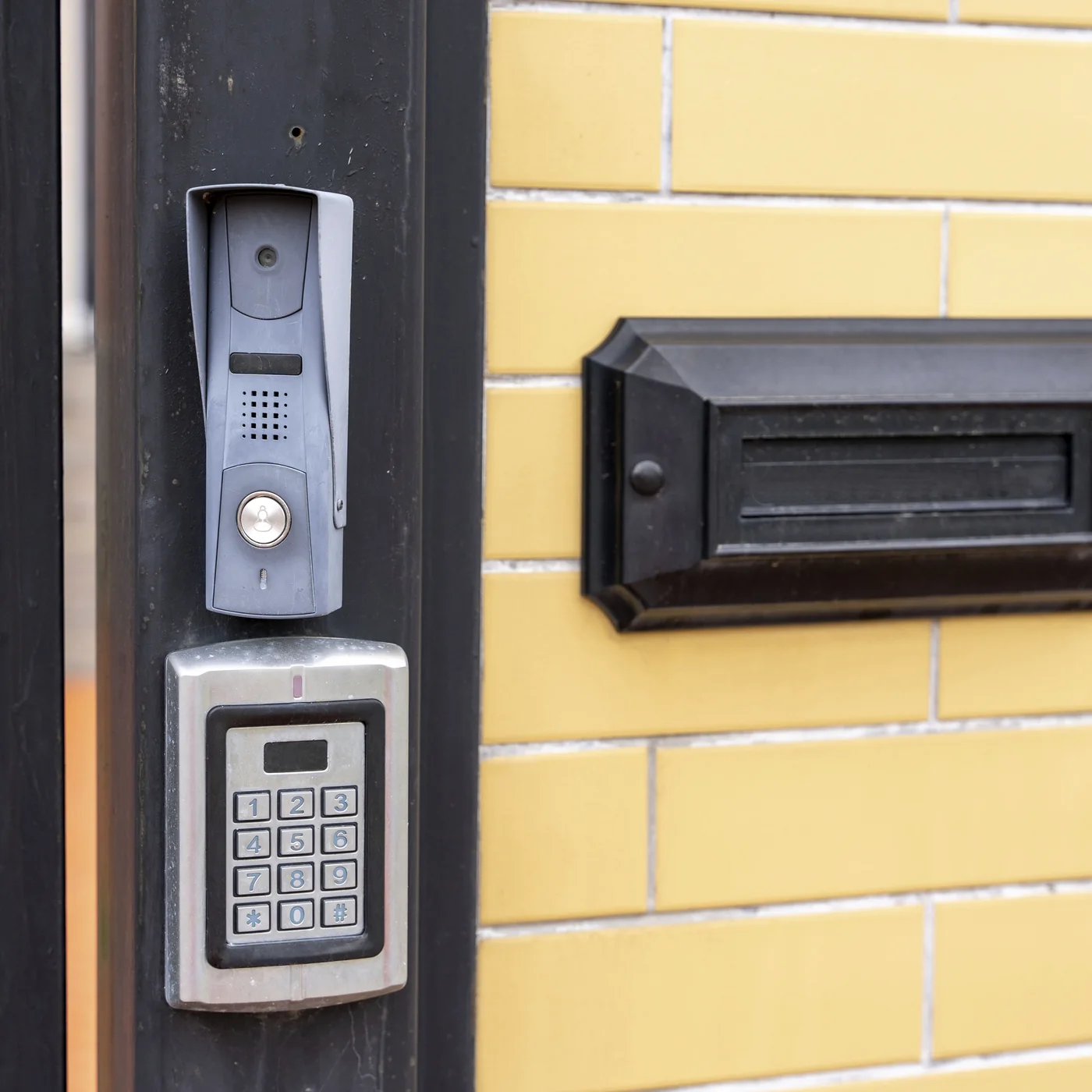 Video intercom and keypad installed at a gated residential entrance